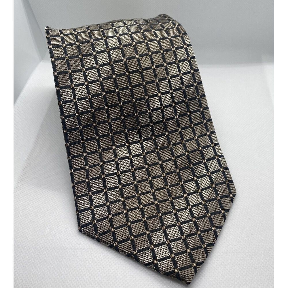 VALERIO GARATI Tie 100% Silk Hand Made Woven Classic Box Pattern Gold Black Mens